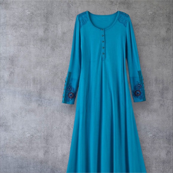Soft Surroundings Anslie Maxi Dress Womens 1X Blue Embroidered Floral Boho Plus - Picture 8 of 10